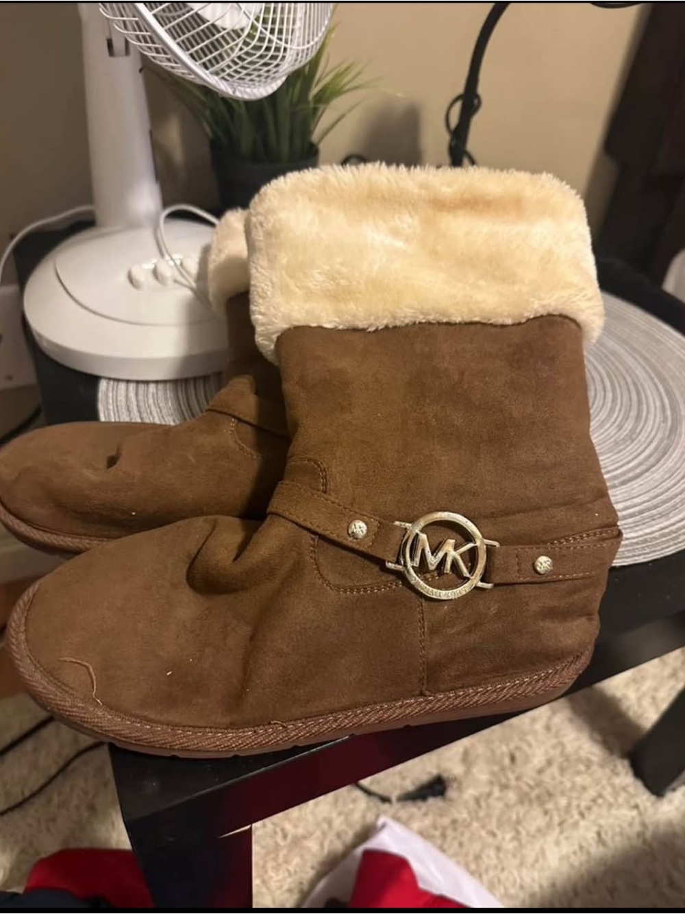 Michael Kors Brown Suede Shearling Cuff Ankle Slippers